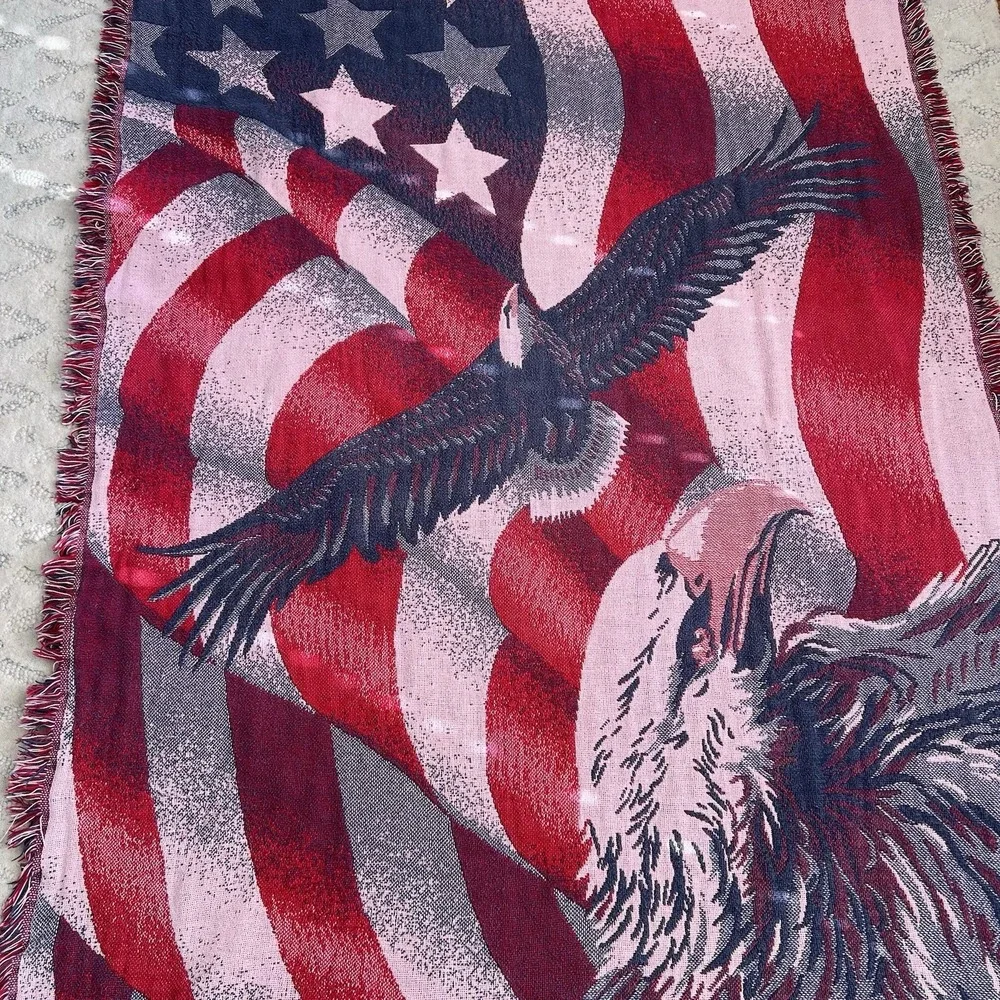 Vintage Tapestry Throw Blanket Goodwin Weavers USA Patriotic Eagle American Flag